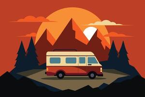 Camper van illustration with rocks and mountains. RV vehicle standing on rocks on the sunset. vector