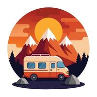 Camper van illustration with rocks and mountains. RV vehicle standing on rocks on the sunset. vector