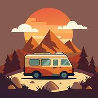 Camper van illustration with rocks and mountains. RV vehicle standing on rocks on the sunset. vector