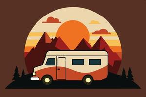 Camper van illustration with rocks and mountains. RV vehicle standing on rocks on the sunset. vector