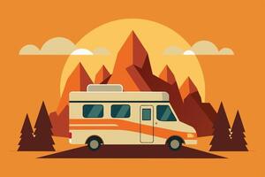 Camper van illustration with rocks and mountains. RV vehicle standing on rocks on the sunset. vector