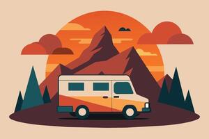 Camper van illustration with rocks and mountains. RV vehicle standing on rocks on the sunset. vector