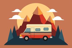 Camper van illustration with rocks and mountains. RV vehicle standing on rocks on the sunset. vector