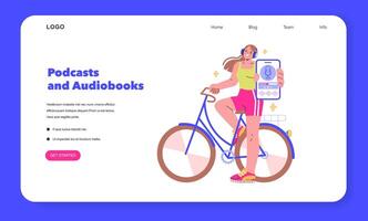 Podcasts and Audiobooks concept An active listener tunes into her favorite audio content while cycling A portrait of multitasking in the digital age illustration vector