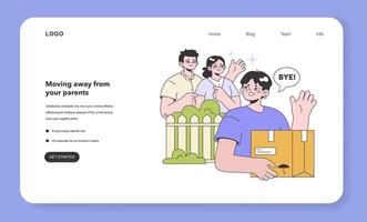 Moving out from parents web banner or landing page. Young character vector