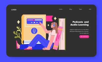 podcasts y audio aprendizaje concepto un aprendiz melodías dentro un educativo podcast, combinatorio ocio con aprendizaje mediante audio plataformas ilustración vector