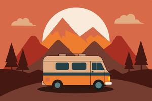 Camper van illustration with rocks and mountains. RV vehicle standing on rocks on the sunset. vector