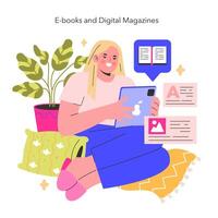 E-books and Digital Magazines concept A reader dives into the world of digital literature, surrounded by the comforts of home Embracing the future of reading illustration vector