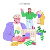 Maker Culture concept A sewing enthusiast and a designer in a makerspace, collaborating in a world of fabric and fashion creation Community and craft in harmony illustration vector