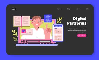 Digital Platforms concept An instructor points to educational icons on a computer screen, representing online testing and global e-learning opportunities illustration vector