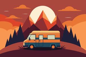 Camper van illustration with rocks and mountains. RV vehicle standing on rocks on the sunset. vector