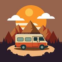 Camper van illustration with rocks and mountains. RV vehicle standing on rocks on the sunset. vector