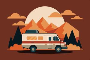 Camper van illustration with rocks and mountains. RV vehicle standing on rocks on the sunset. vector