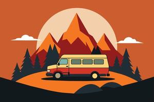 Camper van illustration with rocks and mountains. RV vehicle standing on rocks on the sunset. vector