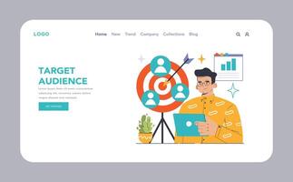 Target Audience web or landing. Man with tablet beside a dartboard, vector
