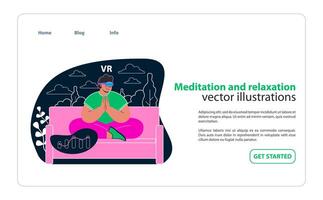 Meditation and relaxation in VR. Tranquil virtual environments for mindfulness and stress relief. Embrace peace with guided VR meditation. Wellness through immersive relaxation experiences. Flat vector