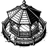 Fenced area with country building in monochrome. Wooden Korean house for summer holidays. Simple minimalistic in black ink drawing on white background vector