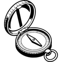 Tourist compass with open protective cover in monochrome. Tourist tool for measuring direction. Simple minimalistic in black ink drawing on white background vector