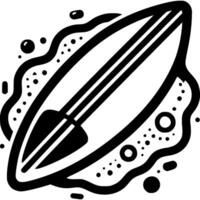 Surfboard lies on shore in monochrome. Equipment for extreme recreation. Simple minimalistic in black ink drawing on white background vector