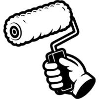 Builder hand dressed in protective glove holds paint roller in monochrome. Painting repair work. Simple minimalistic in black ink drawing on white background vector