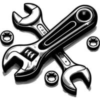 Crossed repair wrench set in monochrome. Locksmith work instrument. Simple minimalistic in black ink drawing on white background vector