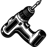 Portable cordless drill in monochrome. Tool for construction and installation work. Simple minimalistic in black ink drawing on white background vector