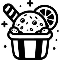 Scoop of ice cream in cardboard cup decorated with slice of orange in monochrome. Ice cream frozen dessert. Simple minimalistic in black ink drawing on white background vector