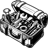 Toolbox with various tools inside. Organization and preparedness tools are neatly arranged and ready for use in monochrome. Simple minimalistic in black ink drawing on white background vector