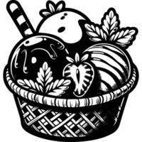 Scoops of chocolate ice cream in waffle basket with half strawberry and mint leaves in monochrome. Icecream frozen dessert. Simple minimalistic in black ink drawing on white background vector