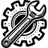 Wrench installs gear in monochrome. Gear and wrench set. Simple minimalistic in black ink drawing on white background vector