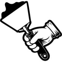 Hand of builder applies putty with spatula on wall in monochrome. Construction tool for applying putty. Simple minimalistic in black ink drawing on white background vector