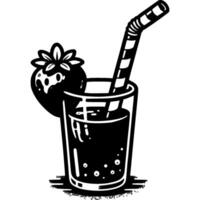 Strawberry still drink with straw in monochrome. Glass of strawberry juice. Simple minimalistic in black ink drawing on white background vector