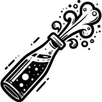 Stream of carbonated sweet water pours out of glass open bottle in monochrome. Cool summer drink. Simple minimalistic in black ink drawing on white background vector