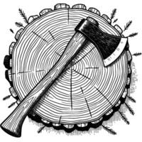 Tourist ax with wooden handle lies on felled tree in monochrome. Preparation of lumber for carpentry workshop. Simple minimalistic in black ink drawing on white background vector
