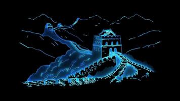 Neon frame effect Great Wall of China, glow, black background. video