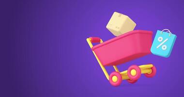 Shopping delivery service promo special offer supermarket trolley parcel 3d icon animation loop video