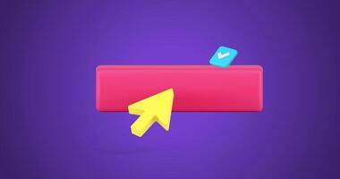 Subscribe button with arrow click cursor and done checkmark pink 3d icon animation loop video