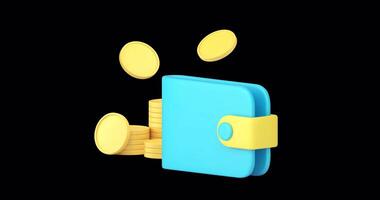 Wallet with golden coin cash money shopping financial banking payment 3d icon animation with alpha channel video