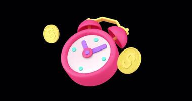 Time is money coins alarm clock financial exchange capitalization 3d icon animation loop with alpha channel video