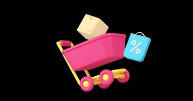 Shopping delivery service promo special offer supermarket trolley parcel 3d icon animation loop with alpha channel video