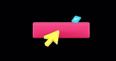 Subscribe button with arrow click cursor and done checkmark pink 3d icon animation loop with alpha channel video