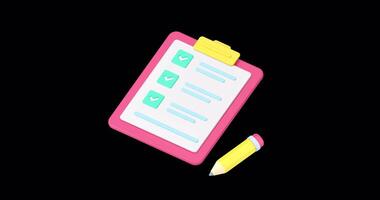 To do list complete notes writing task checkmark done clipboard pencil 3d icon animation with alpha channel video