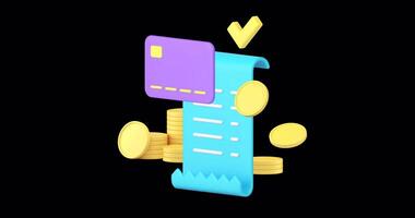carta pagamento completare ricevuta fattura volante d'oro moneta denaro contante i soldi 3d icona animazione con alfa canale video