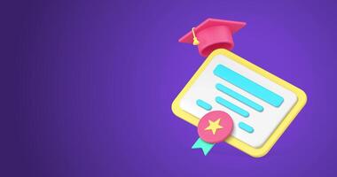Graduation diploma certificate with medal and cap educational achievement 3d icon animation video