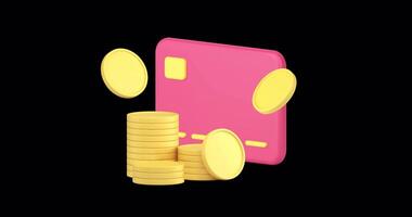 Credit debit card golden coin cash money stack financial investment banking account 3d icon animation loop with alpha channel video
