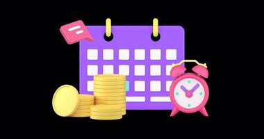 Payment time calendar reminder financial management money planning 3d icon animation loop with alpha channel video