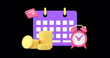 Paiement temps calendrier rappel financier la gestion argent Planification 3d icône animation boucle avec alpha canal video