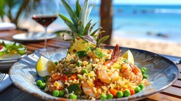 Thai fried rice with prawns served in bowl on beach table. Seaside dining at the ocean. Concept of tropical cuisine, romantic dinner, Asian cuisine, Thai traditional dish photo