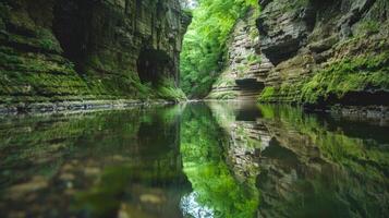 Serene canyon mirrored in a tranquil river with lush greenery. Calm gorge reflected in clear water with vibrant plants. Concept of natural beauty, tranquility, outdoor scenery, reflection, nature photo