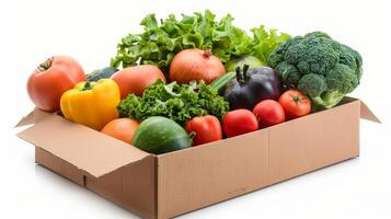 Fresh and colorful assortment of fruits and vegetables in a cardboard box. Organic produce collection. Concept of healthy eating, farm produce delivery, natural food. Isolated on white background photo